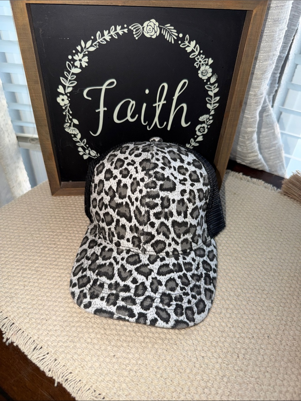 Leopard Print Mesh Trucker Hat - Black & White